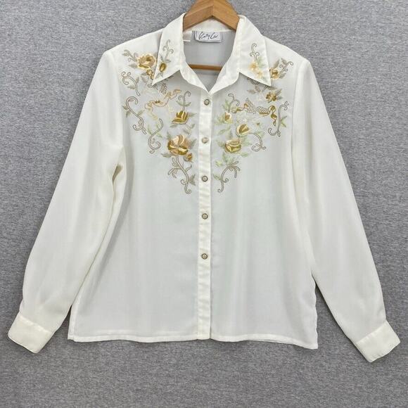 Vintage Kathy Che Blouse Womens 12 Ivory Embroidered Button Up Shoulder Pads Top - Picture 1 of 12